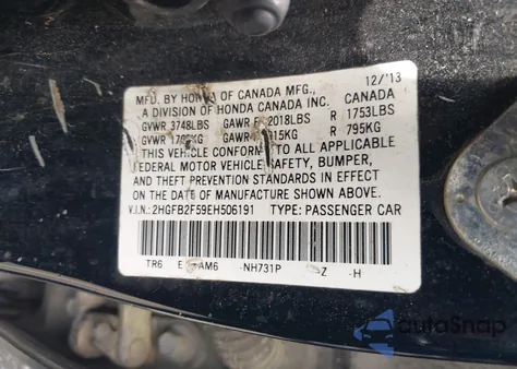 2014 Honda Civic Lx from USA, damaged, VIN 2HGFB2F59EH506191